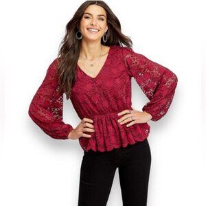 Maurice’s Womens Long Sleeve V Neck Lace Holiday Blouse, Red, size XL